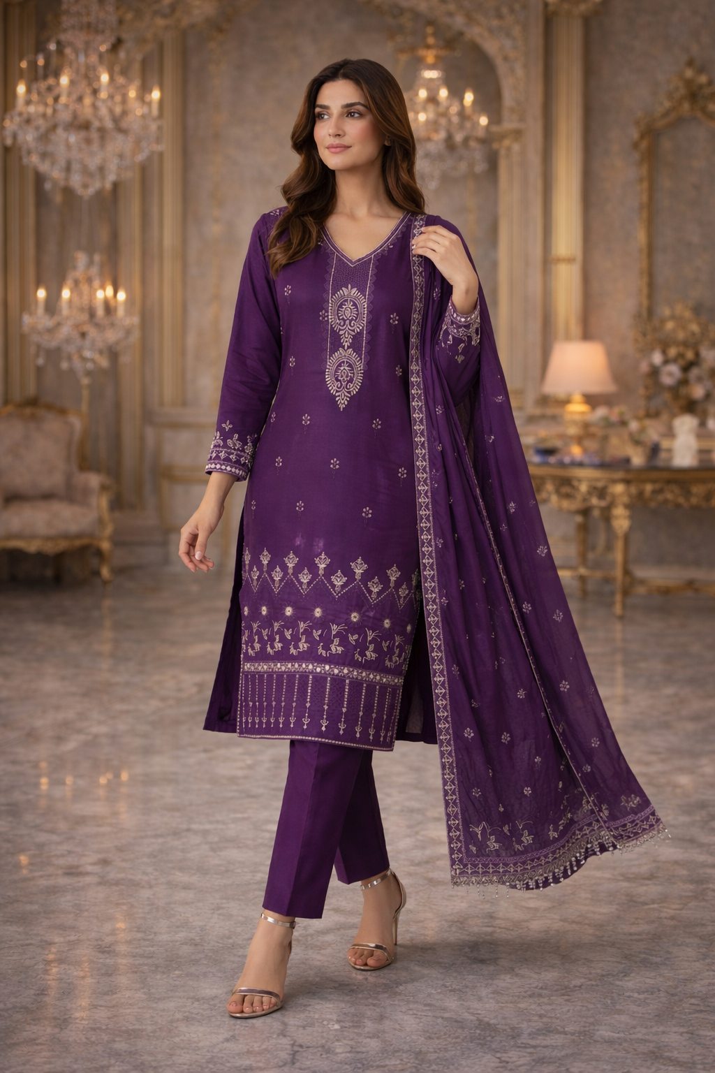 (3) Soft Lightweight Silky Viscose Suit with Embroidered Chiffon Dupatta