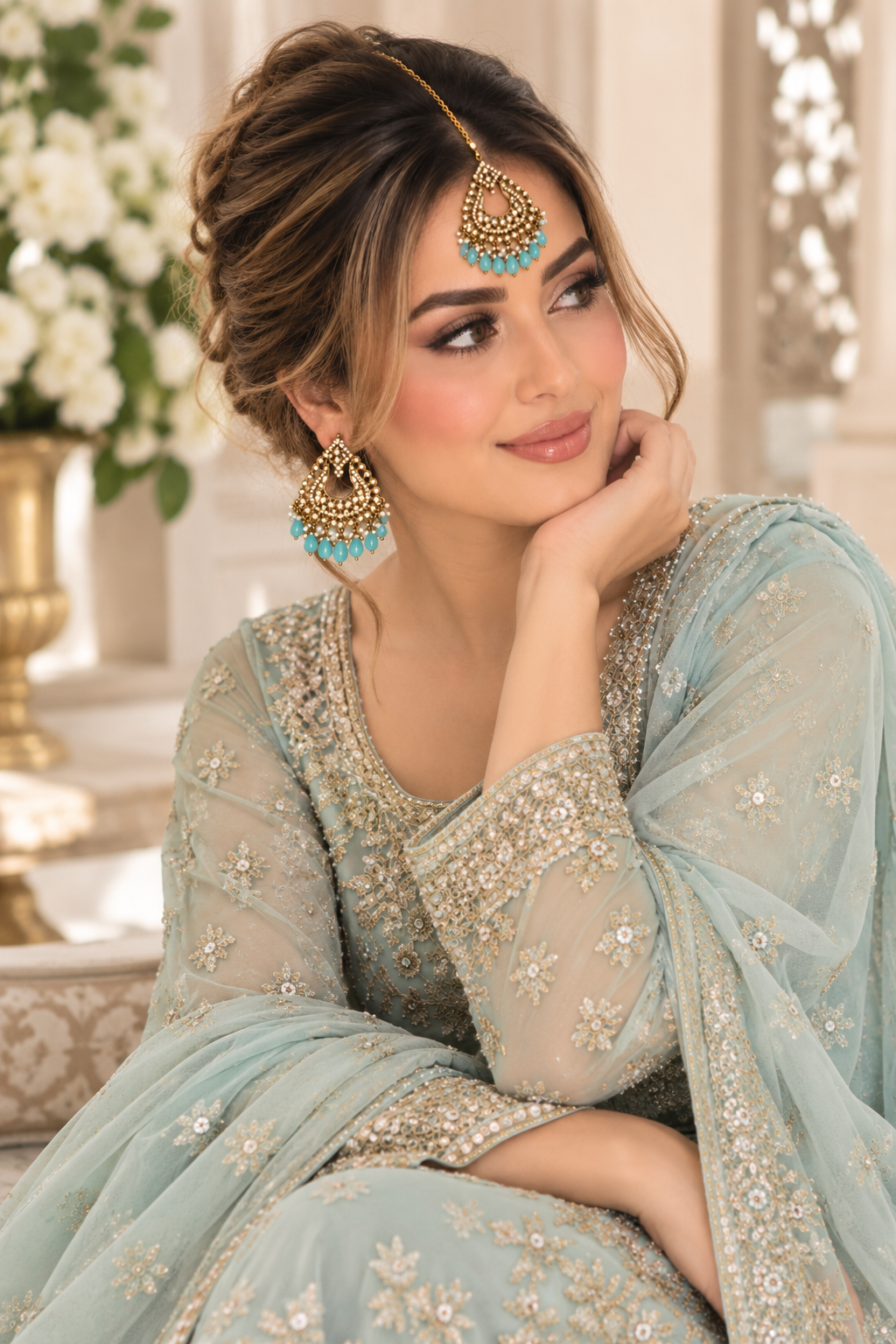 (J4) Pakistani turquoise gold diamonte tikka jewelry set