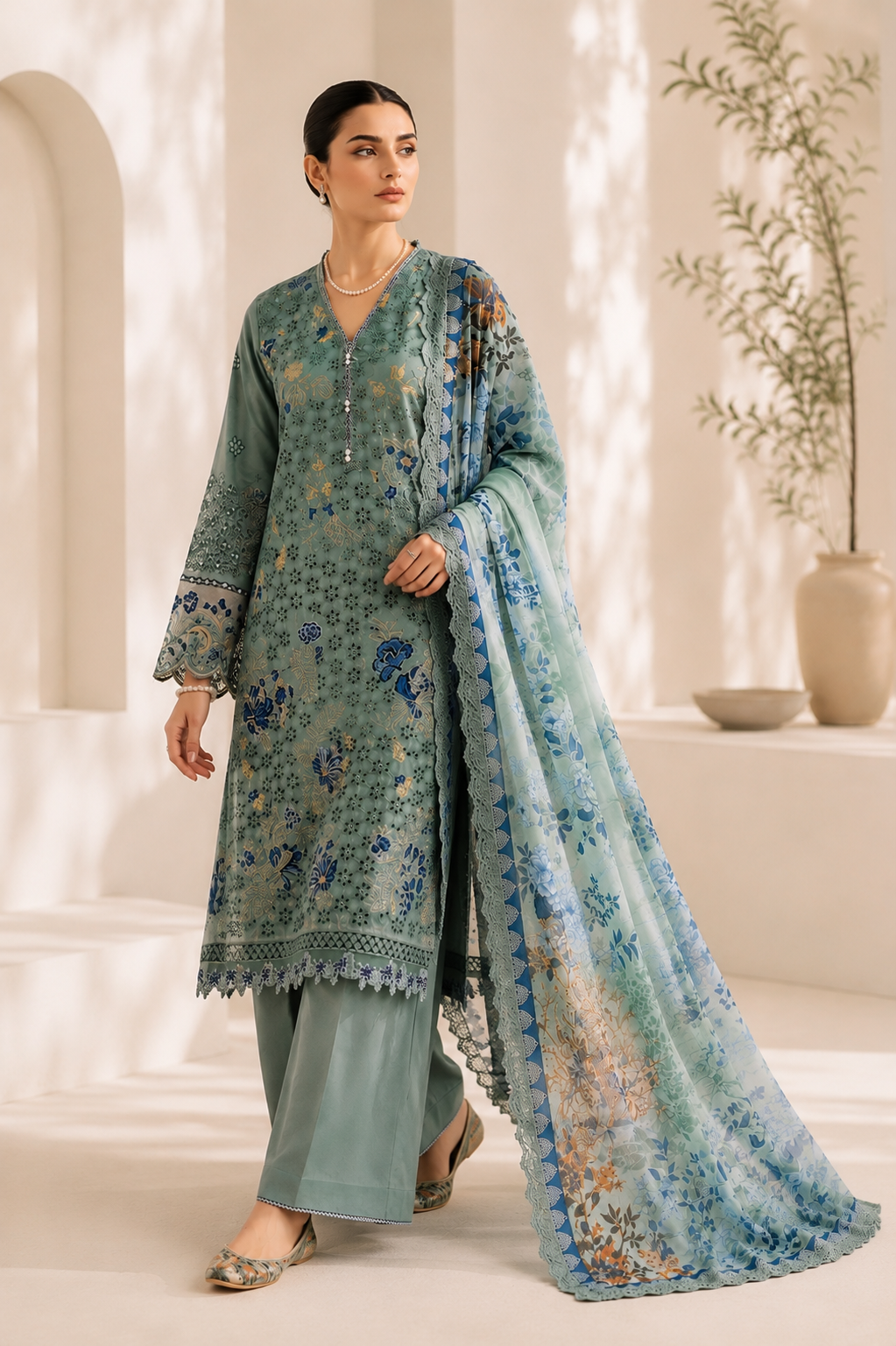 (11) Rangreza pret pastel chicken kari lace embroidered pearl button neck line printed chiffon duppatta ready to wear