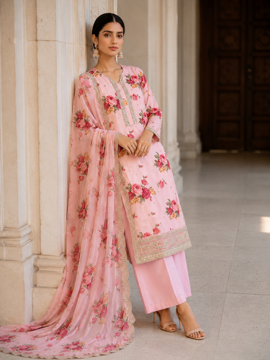 Stunning Floral pink chiffon fully lined kameez gold thread embroidery chiffon duppatta viscose trousers