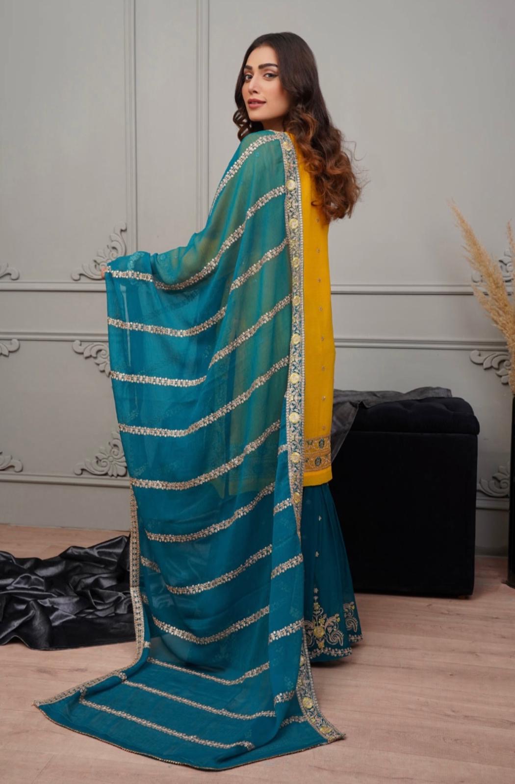 (218) Ladies Pakistani 3-Piece Chiffon Sharara Suit with Gold Embroidery