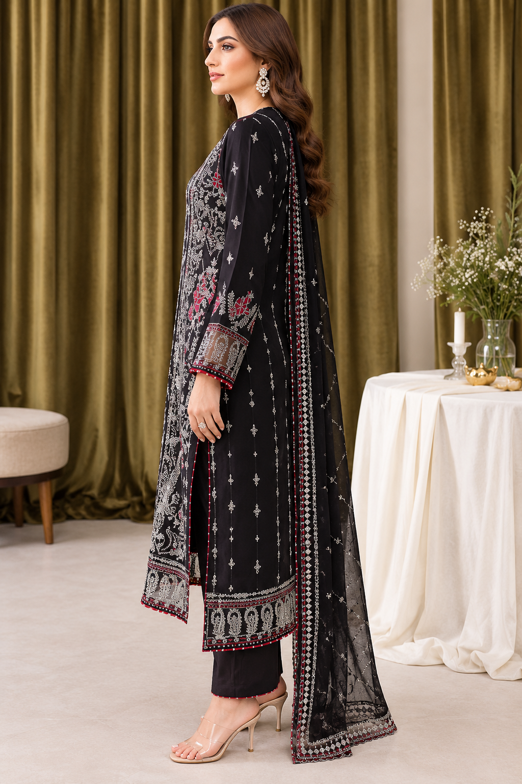 (371) Ramsha Black Raw Silk Suit delicate silver embroidered chiffon duppatta ready to wear