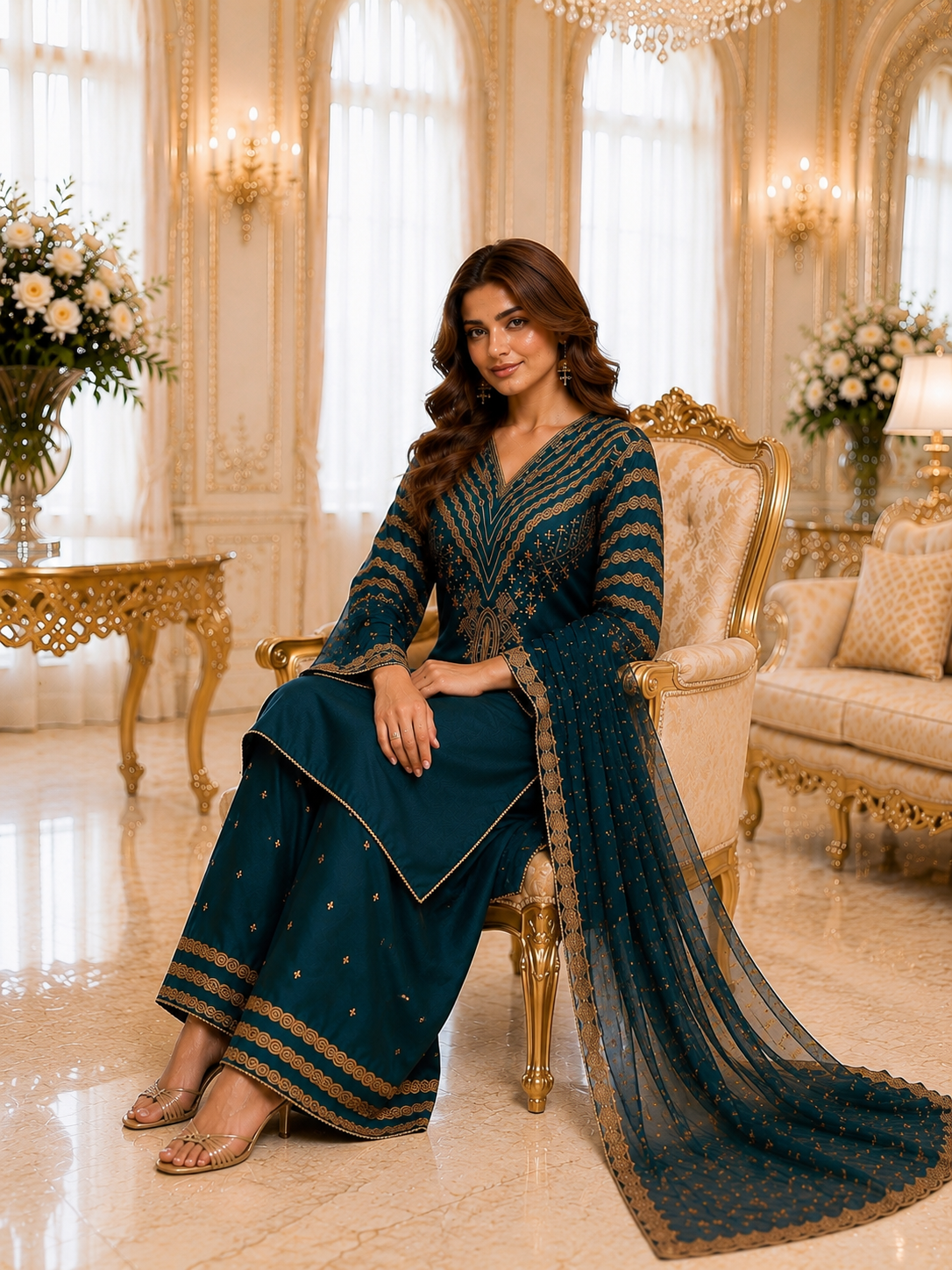 (291) Viscose Palazzo Suit | Gold Thread & Sequin Embroidery