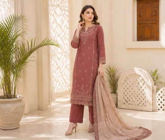 (175) Tawakkal Embroidered Sequin Silky Lawn Suit with Khaddi Dupatta