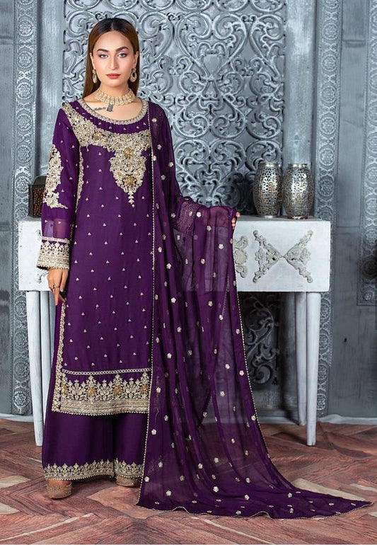 (70) Crinkle Chiffon Palazzo Suit – Embroidered Elegance with Chiffon Dupatta | Ready-to-Wear