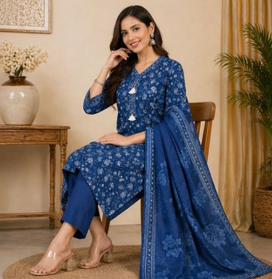 (111) Bin Saeed Floral Lawn Suit | Pearl Neck & Contrast Dupatta