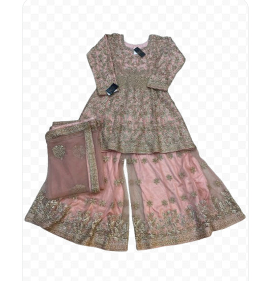 (155) Indian Peach Sharara Suit - Diamante Embroidered Umbrella Dress