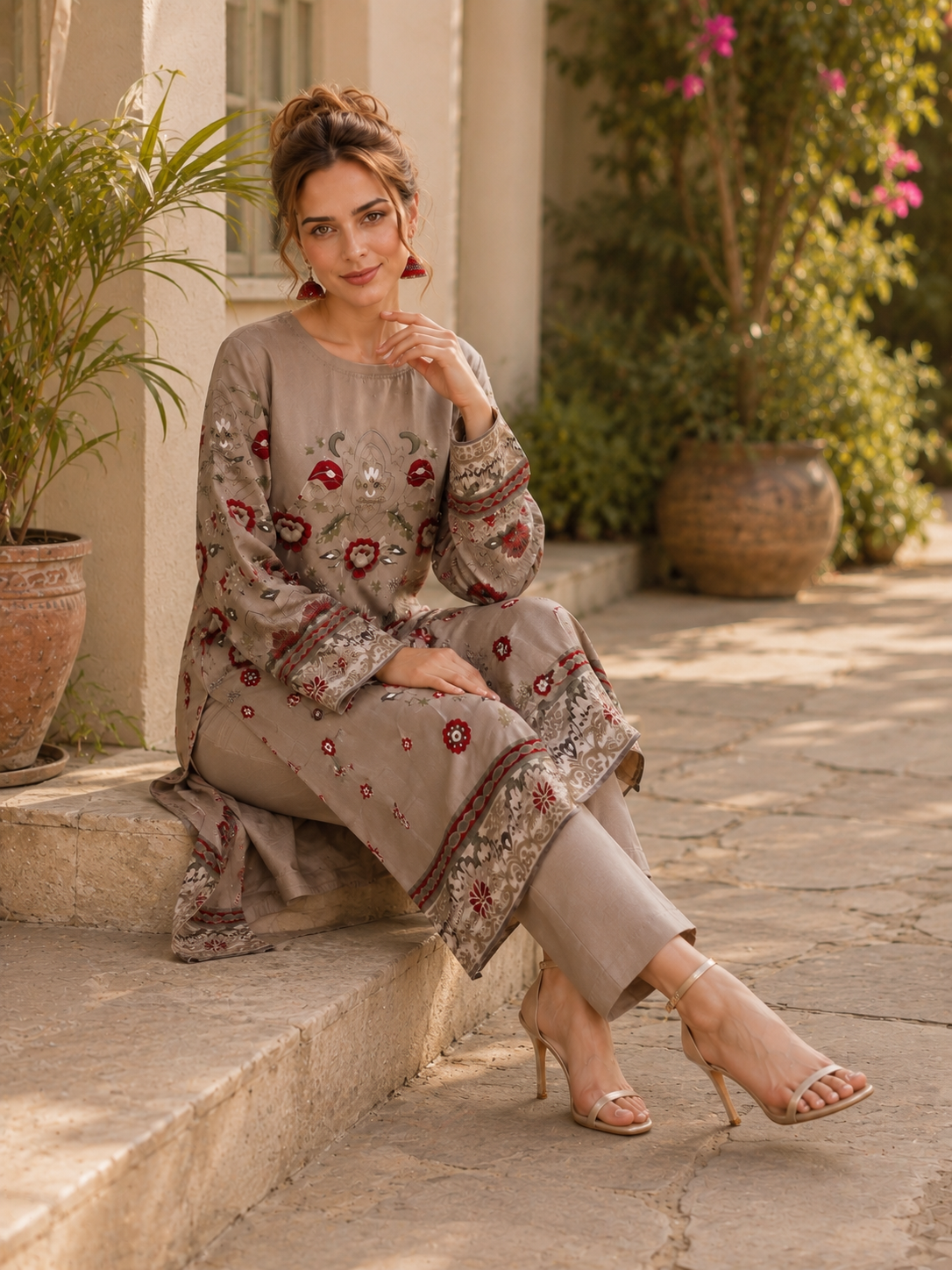 Tawakkal beige printed comfy two peice linen co ord set ready to wear