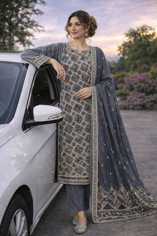 (355) Elegant grey fancy zari lawn suit, ready-to-wear, beautifully crafted with intricate detailing and paired with a four-sided (chaar patti) richly embroidered dupatta for a complete graceful look
