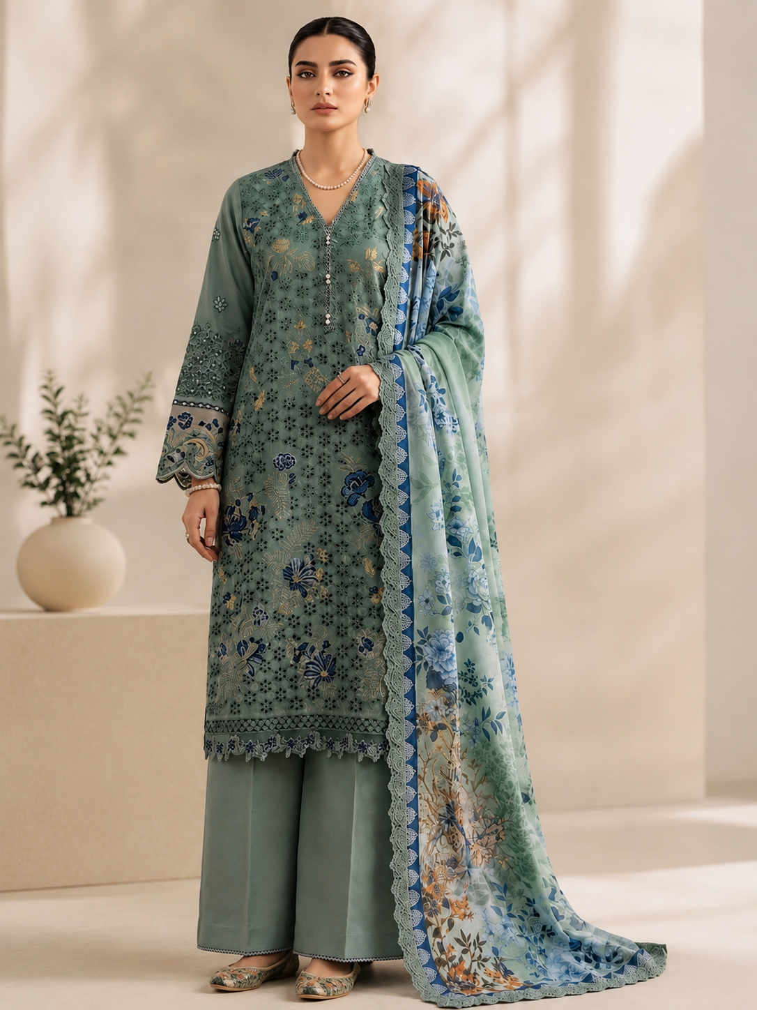 (11) Rangreza pret pastel chicken kari lace embroidered pearl button neck line printed chiffon duppatta ready to wear