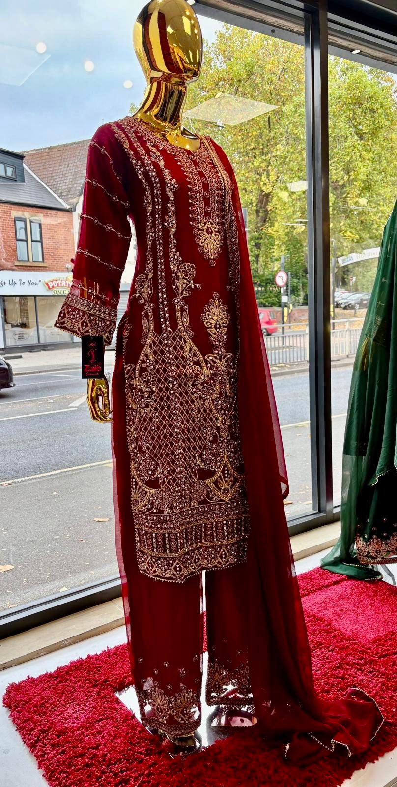 (124) Luxury Zaib Red Embroidered Chiffon 3-Piece Pakistani Occasion Suit