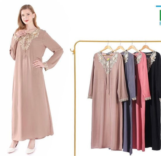 (269) Chic Ladies Long Embroidered Neck Maxi Dress with Tie Neck Design Comfort