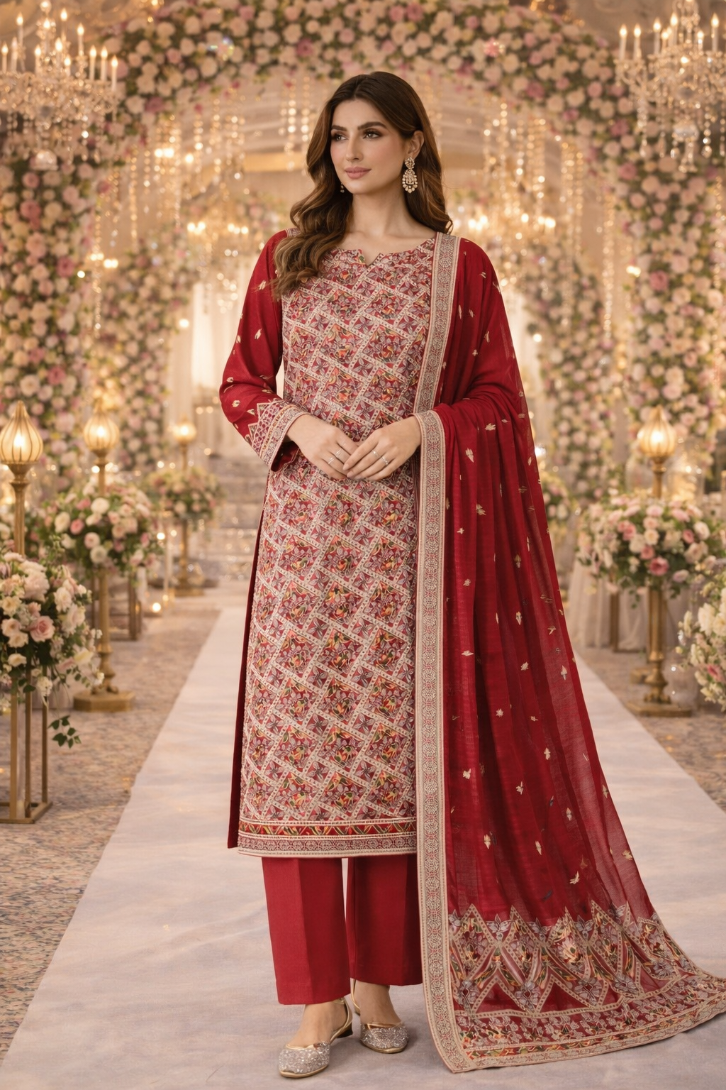 (360) Elegant red fancy zari lawn suit, ready-to-wear, beautifully crafted with intricate detailing and paired with a four-sided (chaar patti) richly embroidered dupatta for a complete graceful look.