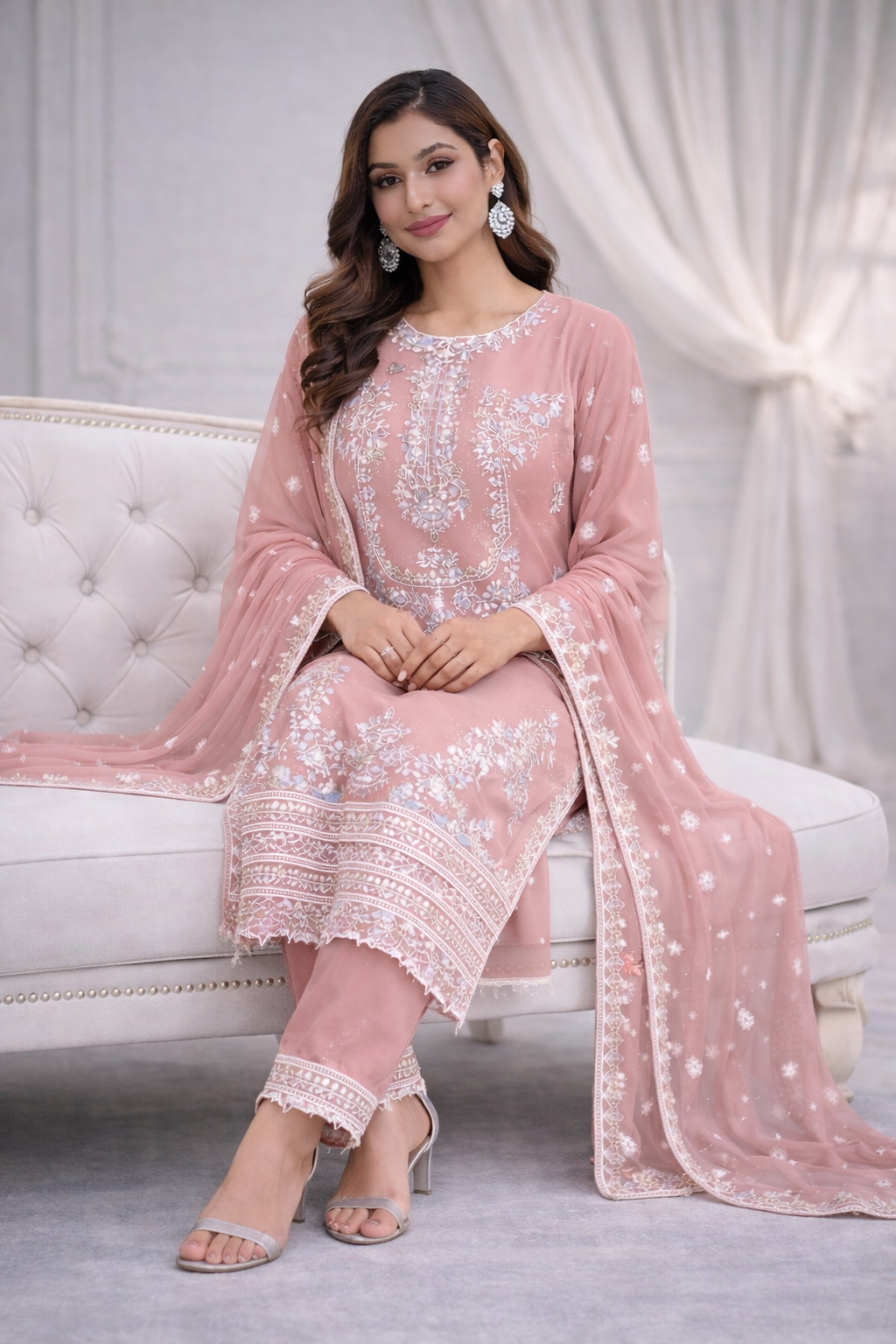 (100) Pakistani Pink Peach Chiffon Embroidered Outfit with Diamonte Detailing Chiffon Dupatta and Straight Trousers Ready to Wear