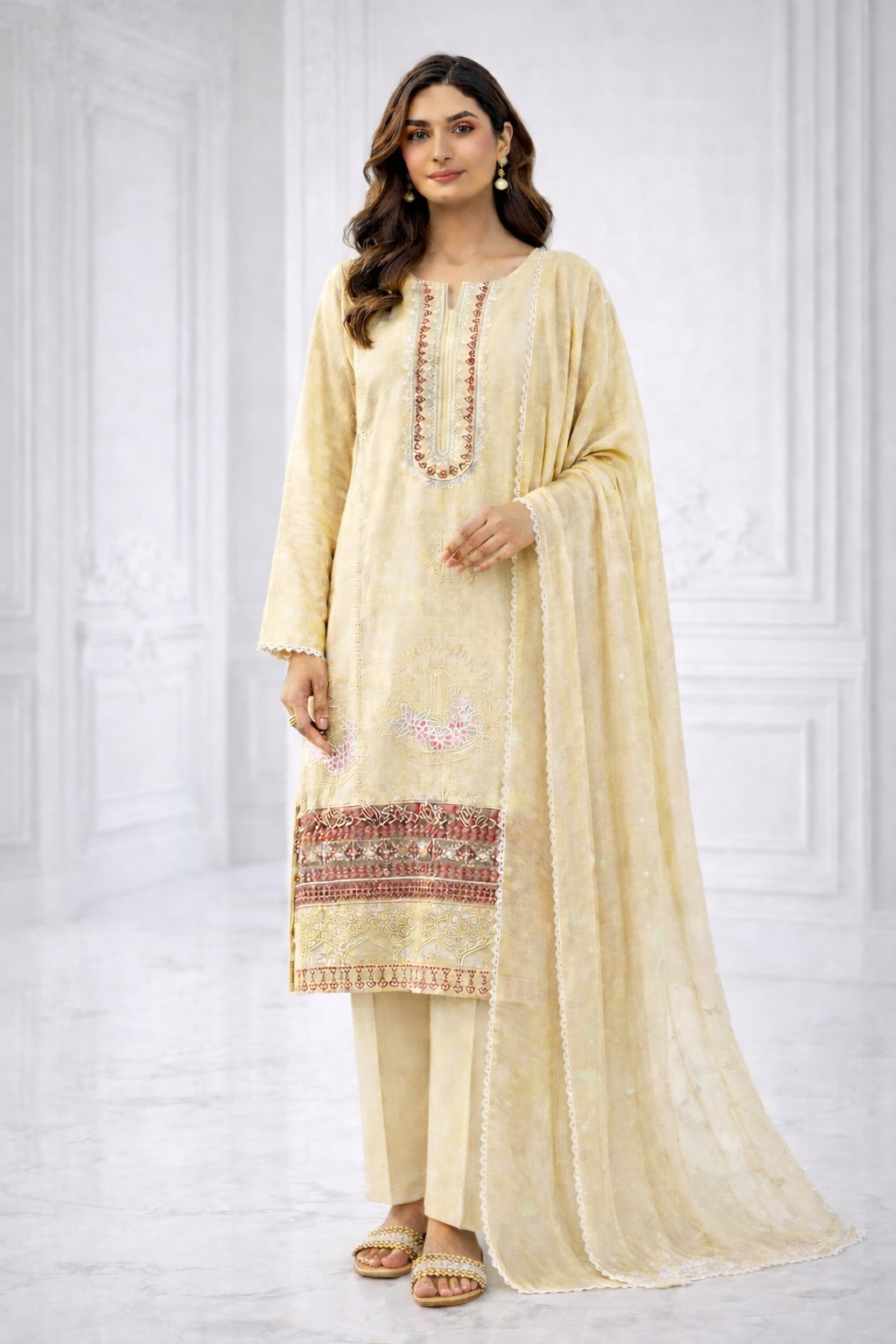 (21) Elegant Linen 3PC Suit | Chikankari & Lace | Lawn Dupatta