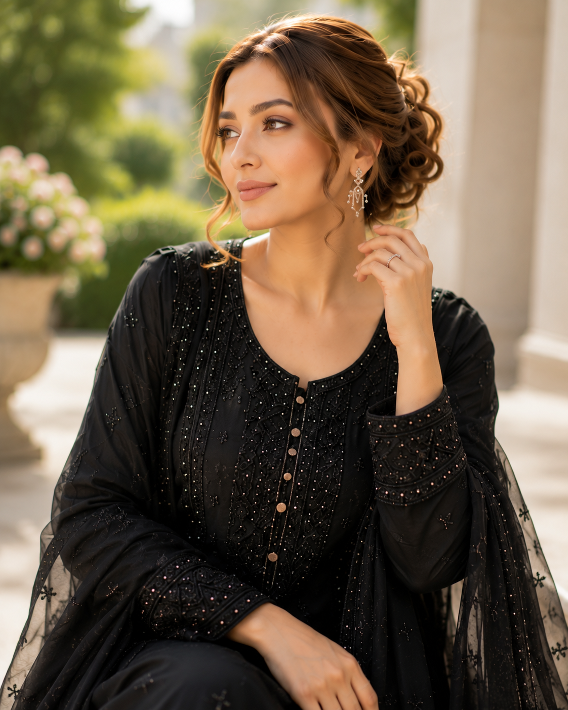 (237) Elegant Black Chiffon Suit | Mirror, Bead & Sequin Embroidery
