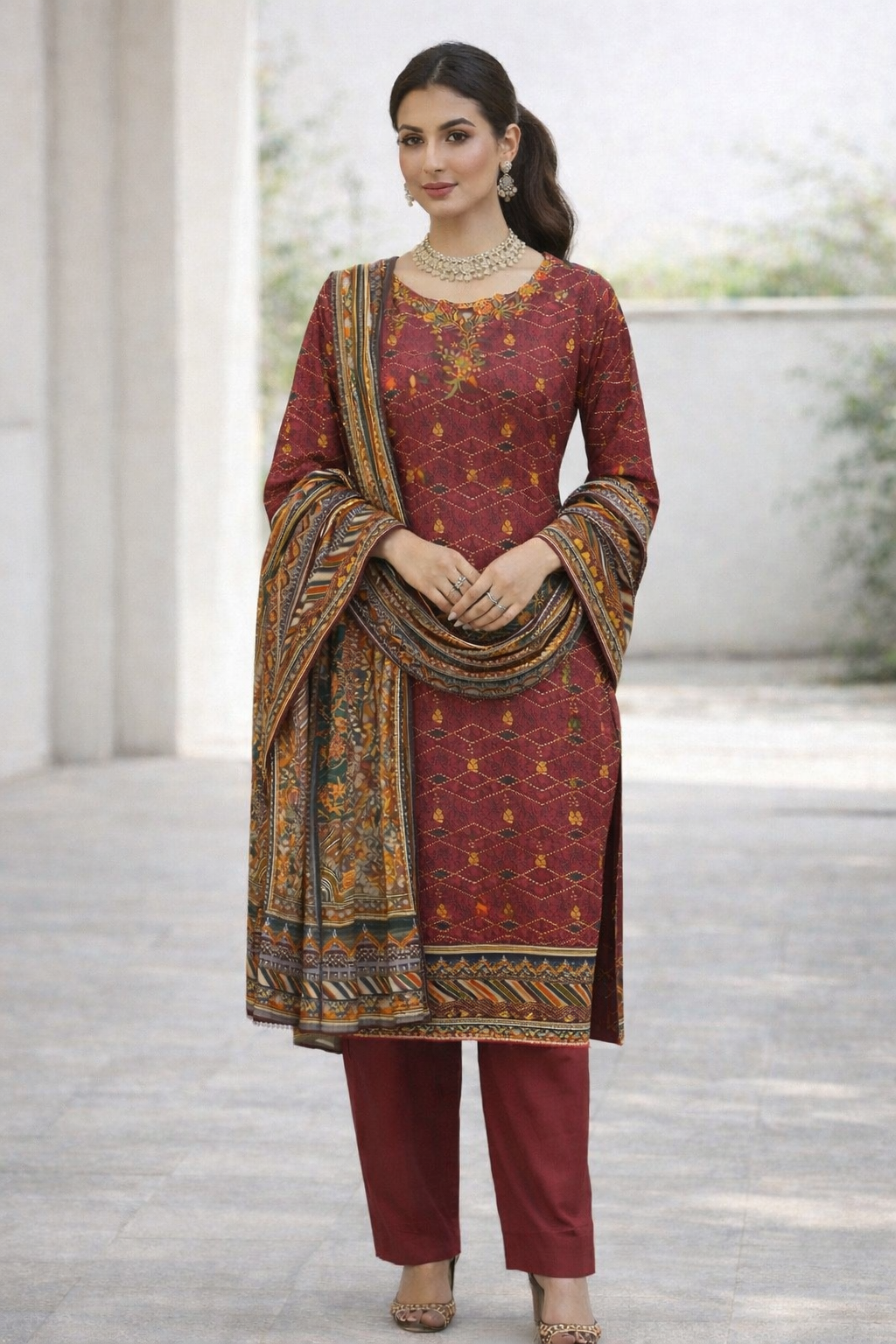 (230) Bin Saeed Printed Khaddar Gold Thread Embroidered Ready-to-Wear Suit