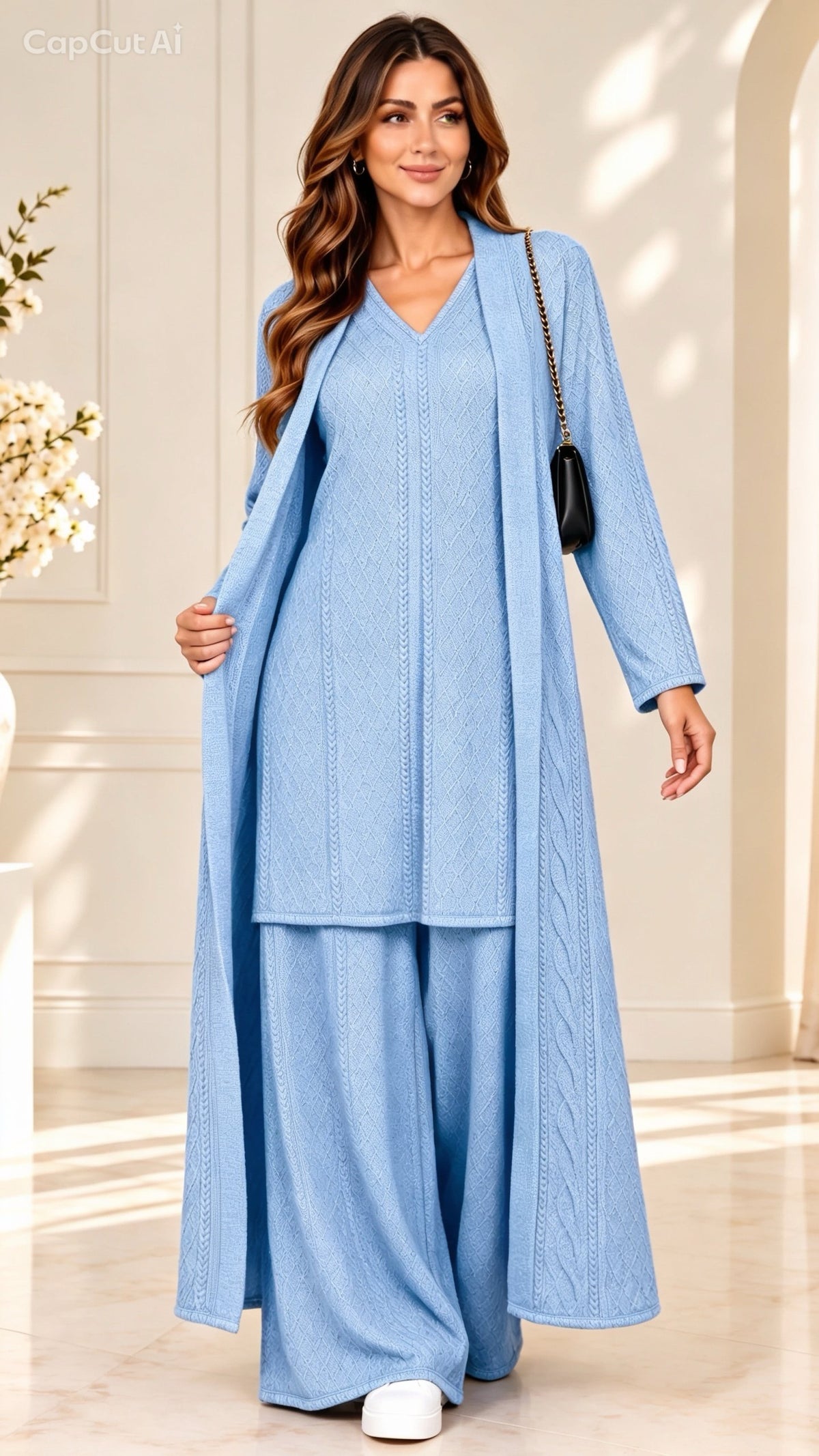 (377) Elegant 3-piece light blue one size textured knit co-ord set Featuring a flattering V-neck tunic, flowing wide-leg trousers and a matching longline open cardigan. stylish, comfortable effortlessly elegant outfit