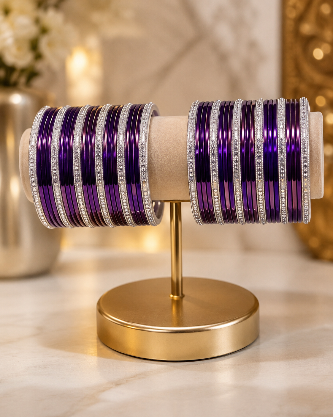 (B12) Elegant deep purple bangle set featuring glossy metallic bangles beautifully paired with sparkling silver diamanté detailing size 2.4