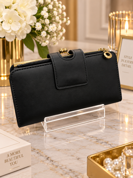 (356) Elegant faux leather black purse with chic gold detailing, multiple card slots, ID window and secure zip compartments. Stylish, spacious and perfect for everyday use