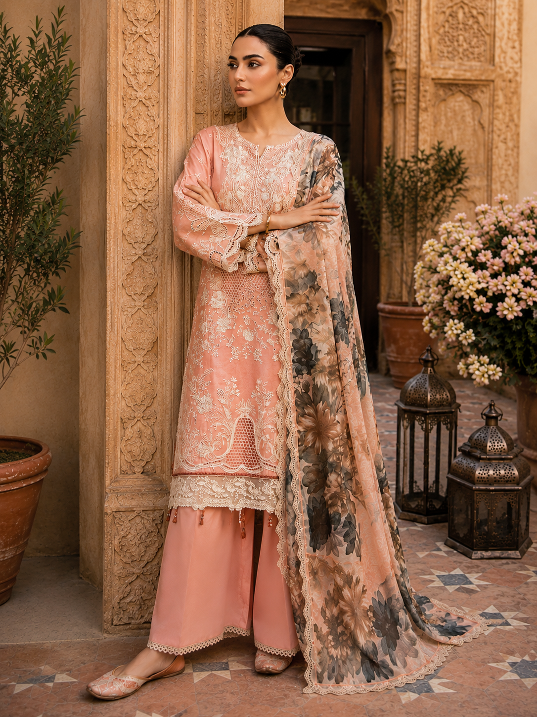 (1) Rangreza pret peach lawn chicken Kari lace embroidered pearl embellished chiffon contrast dupatta ready to wear