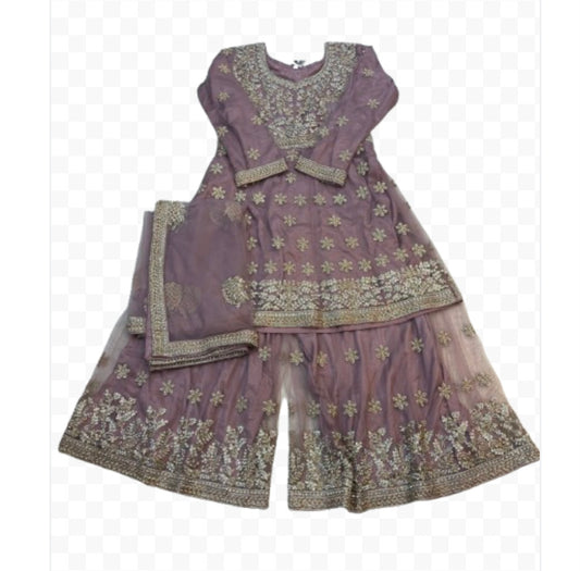 (143) Indian Mauve Sharara Suit - Heavy Diamante Embroidered Umbrella Dress