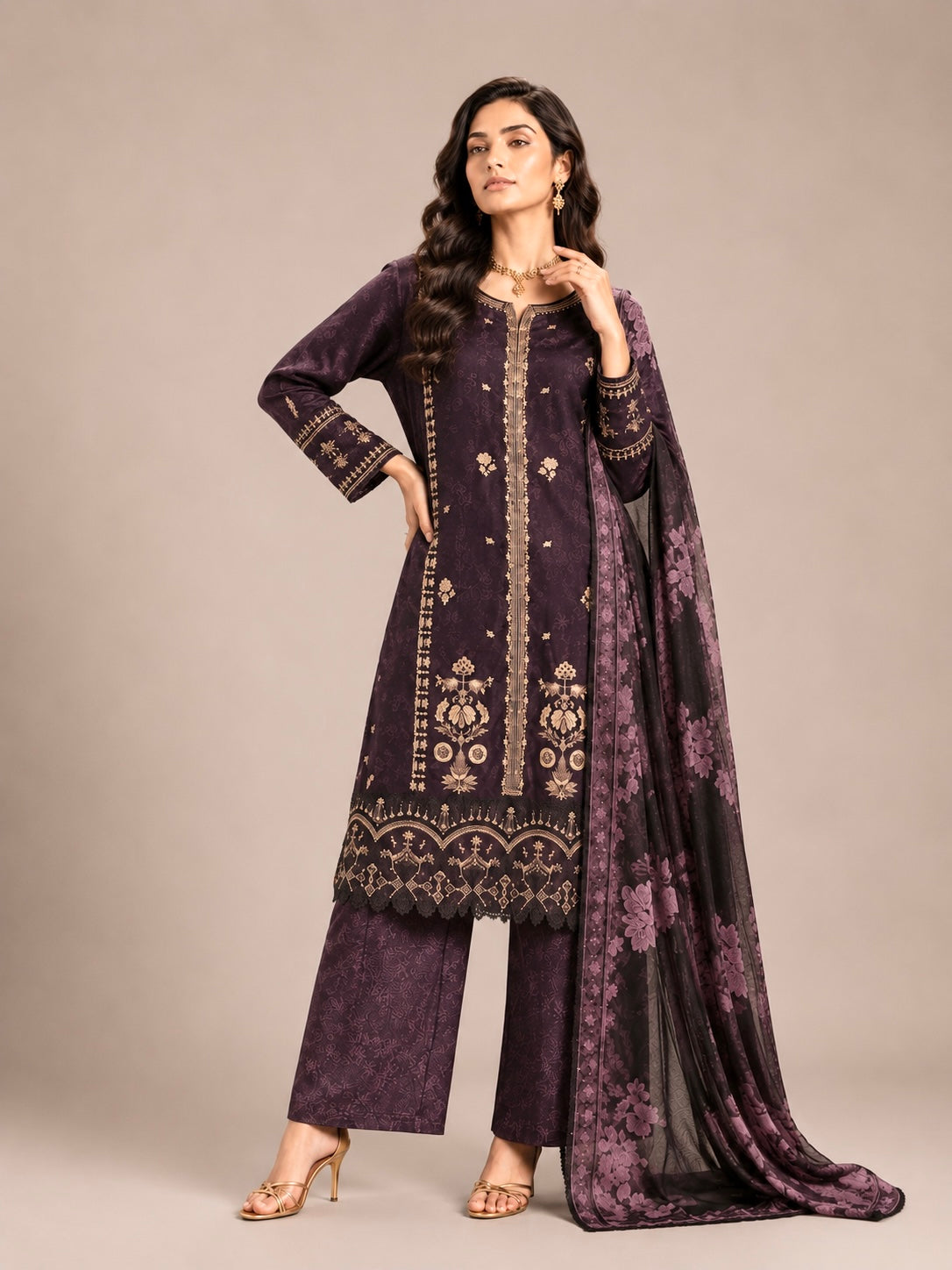 (218) Elegant Floral Printed Lawn Suit | Gold Thread & Sequin Embroidery