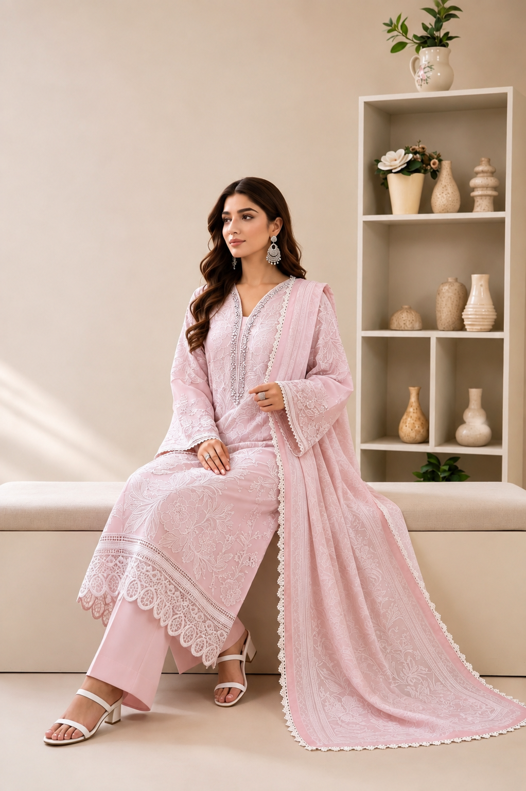 (177) Maria b inspired embroidered arabic lawn embellished pearl diamonte printed tissue silk dupatta ready to wear