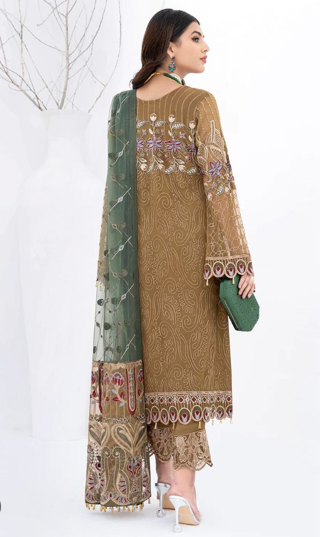 (78) Ramsha Luxurious Pakistani Chiffon 3-Piece Suit with Intricate Embroidery