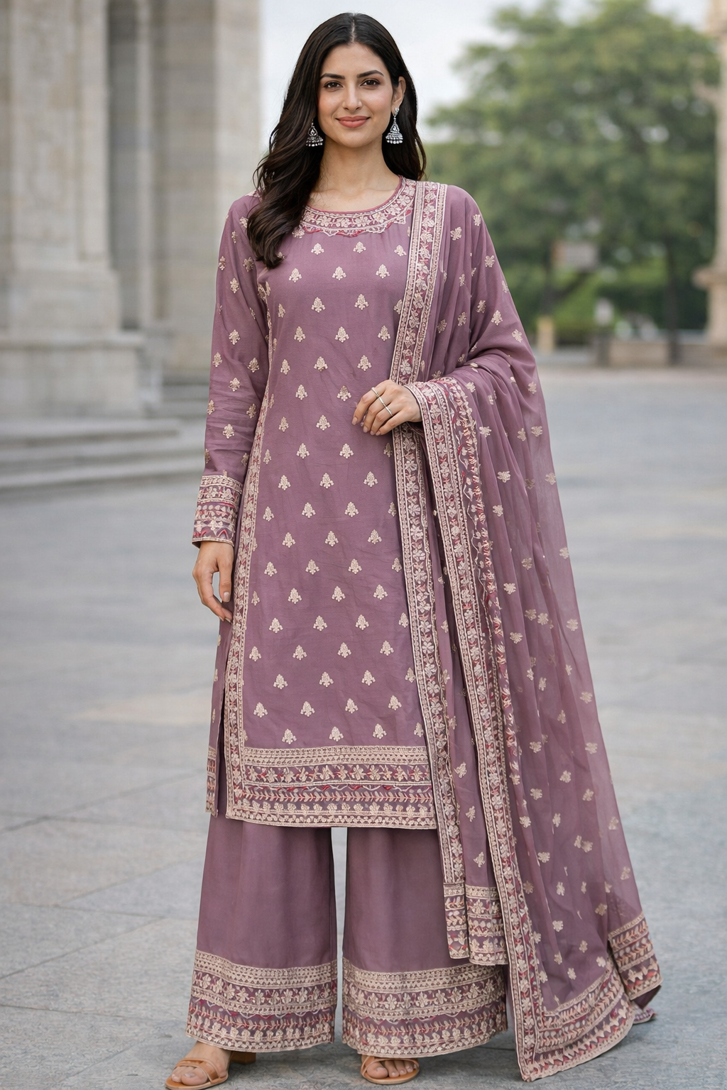 (329) Embroidered Chiffon Kameez | Gold Beaded Dupatta Set