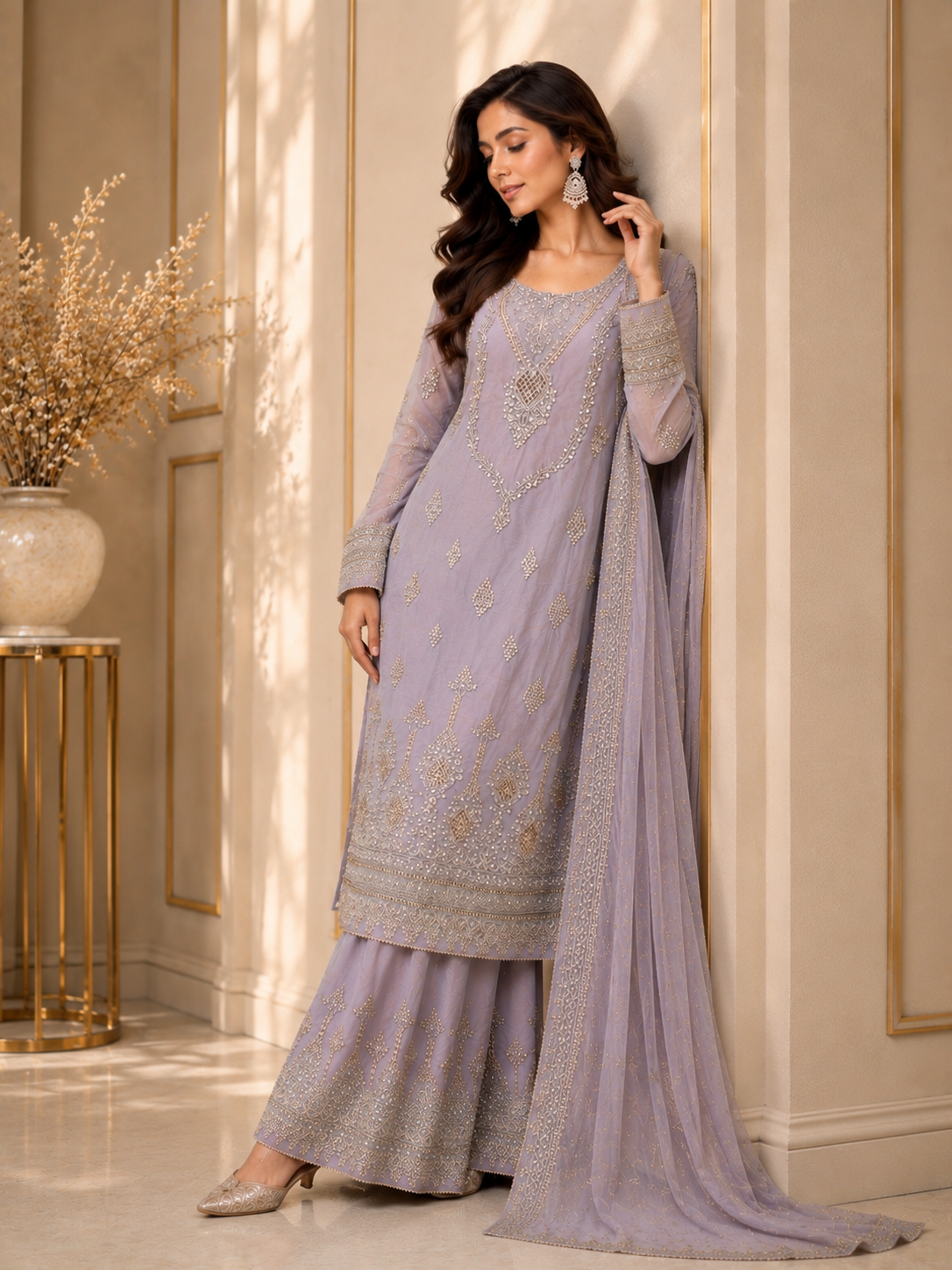(284) Elegant Chiffon Palazzo Suit | Pearl & Diamante Gold Embroidery