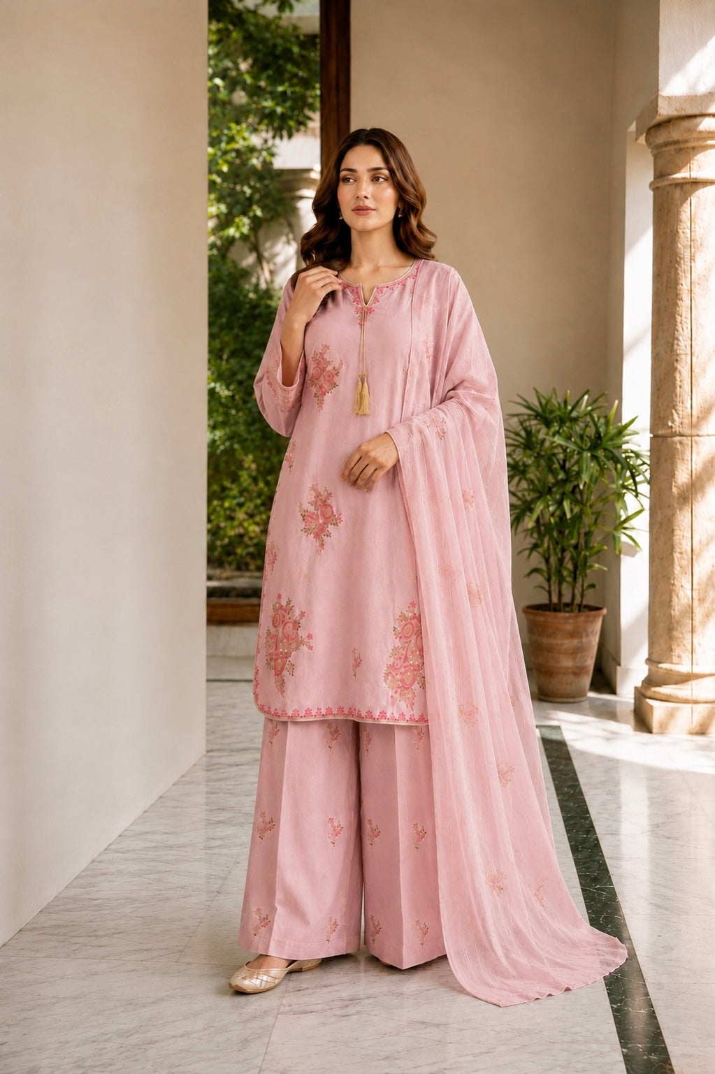 (363) Abeeha Elegant Light pink Viscose Suit – A beautifully designed rounded kameez featuring delicate gold thread floral embroidery, paired with stylish palazzo trousers and a soft bamber dupatta.