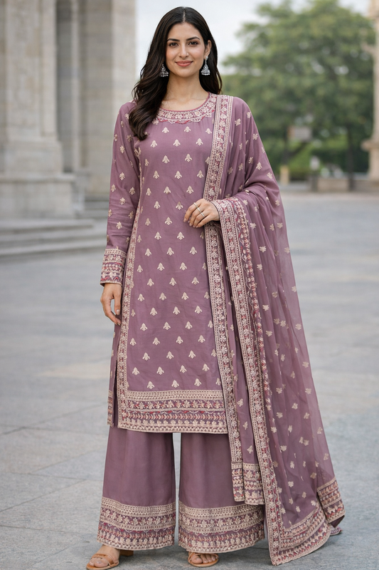(329) Embroidered Chiffon Kameez | Gold Beaded Dupatta Set