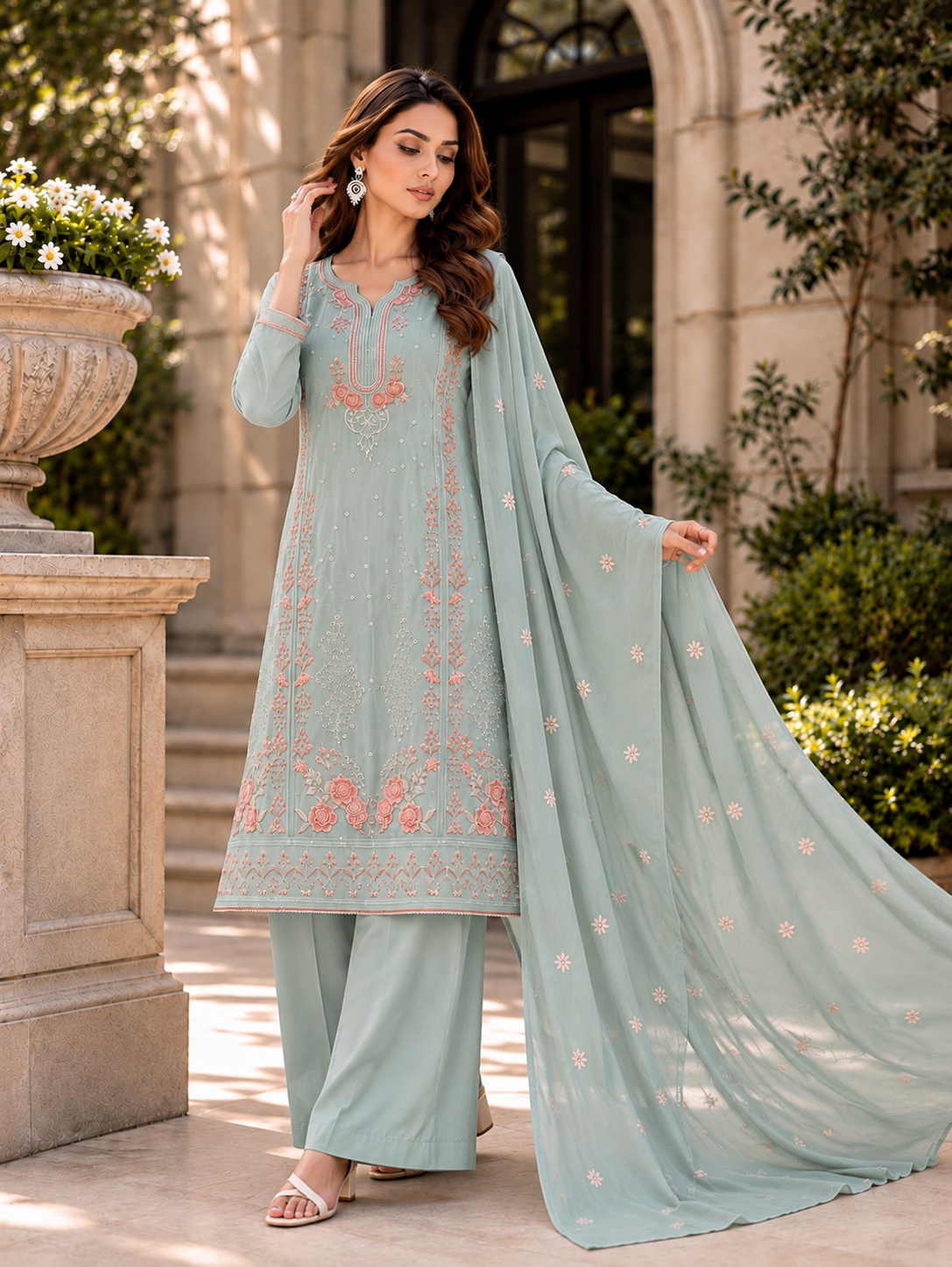 (359) Abeeha light green Viscose Floral Embroidered Suit 
A beautiful blend of comfort and elegance, soft viscose kameez with delicate floral embroidery, paired with a stunning Bamber dupatta