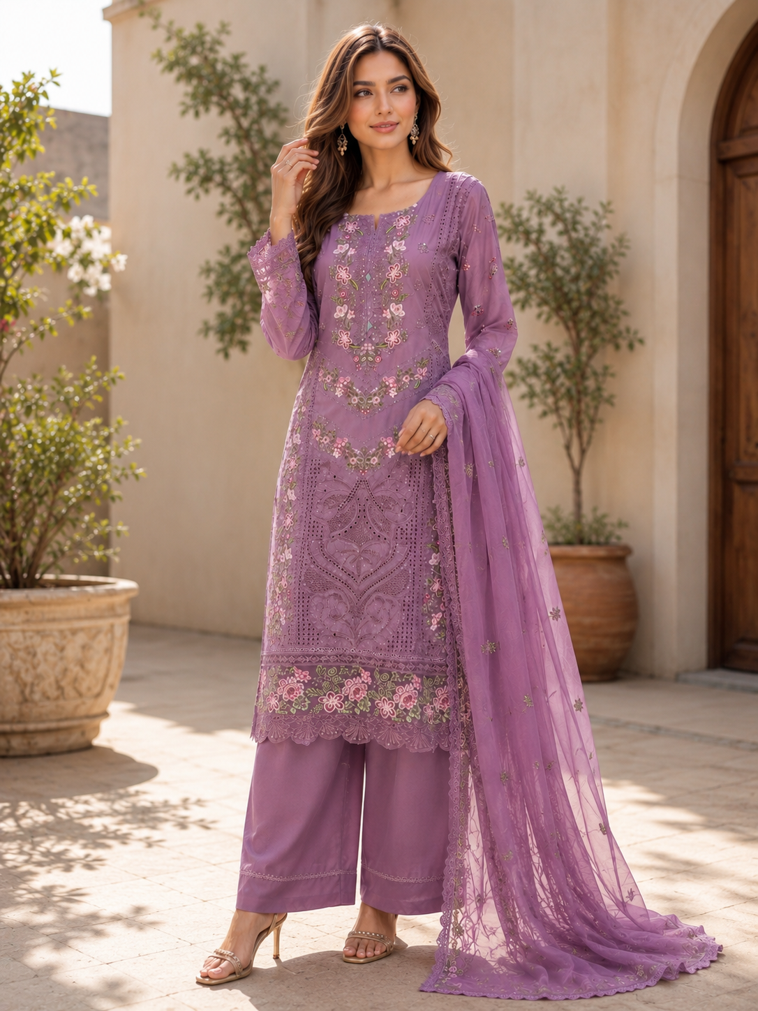 (157) Munira Premium Lawn Suit | Beaded Sequin Embroidery & Chiffon Dupatta