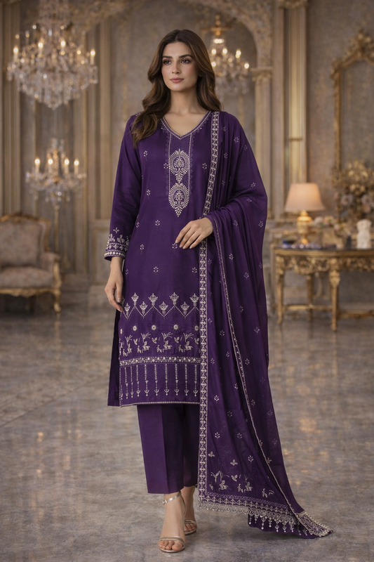 (3) Soft Lightweight Silky Viscose Suit with Embroidered Chiffon Dupatta