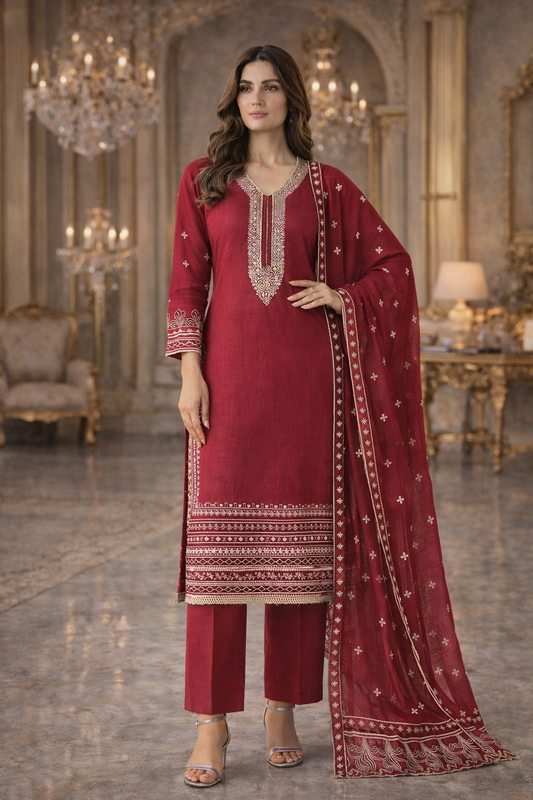 (1) Luxury Maroon Silky Viscose Ready to Wear Suit with Intricate Embroidery