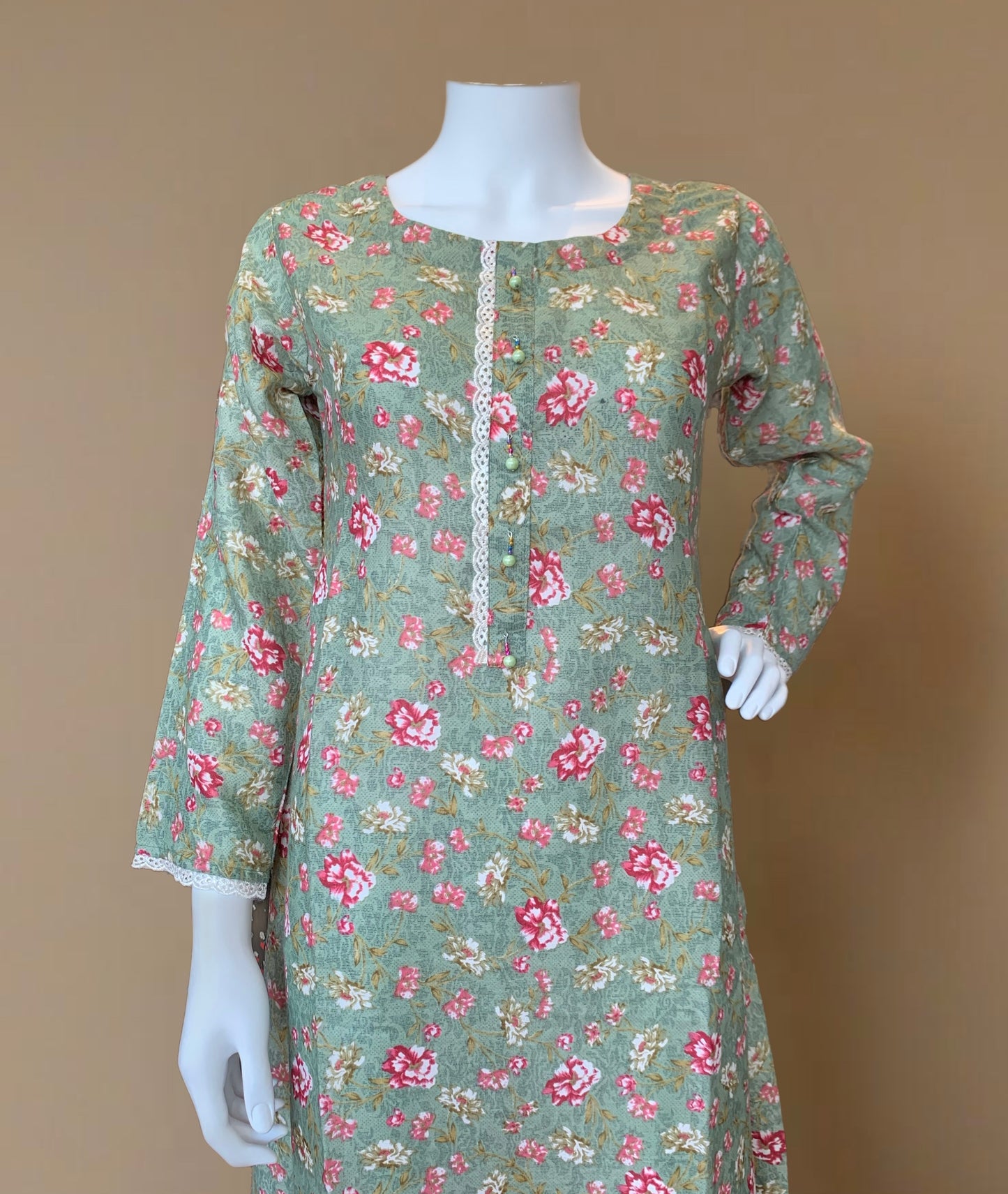 (272) Badal Summer Green Flared Printed Lace Trim Dress – Long Sleeve Floral Casual, One Size (UK 10-16)