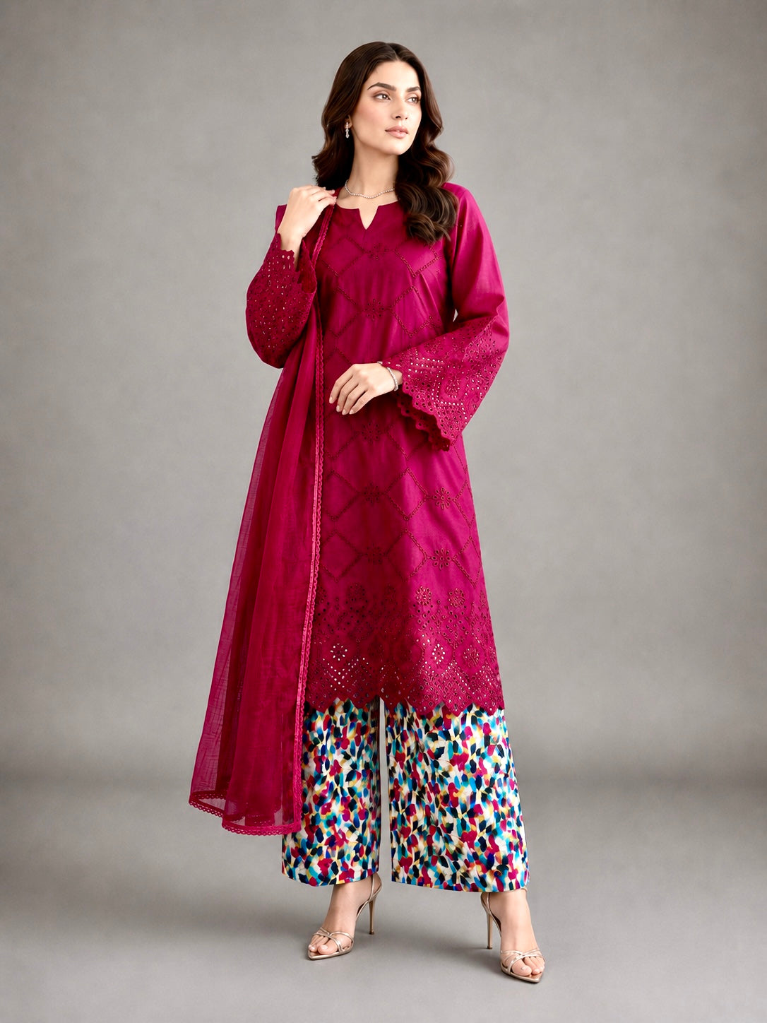 (221) Chikankari Embroidered Lawn Suit with Matching Dupatta & Palazzo Trousers – Perfect Comfy Summer Wear