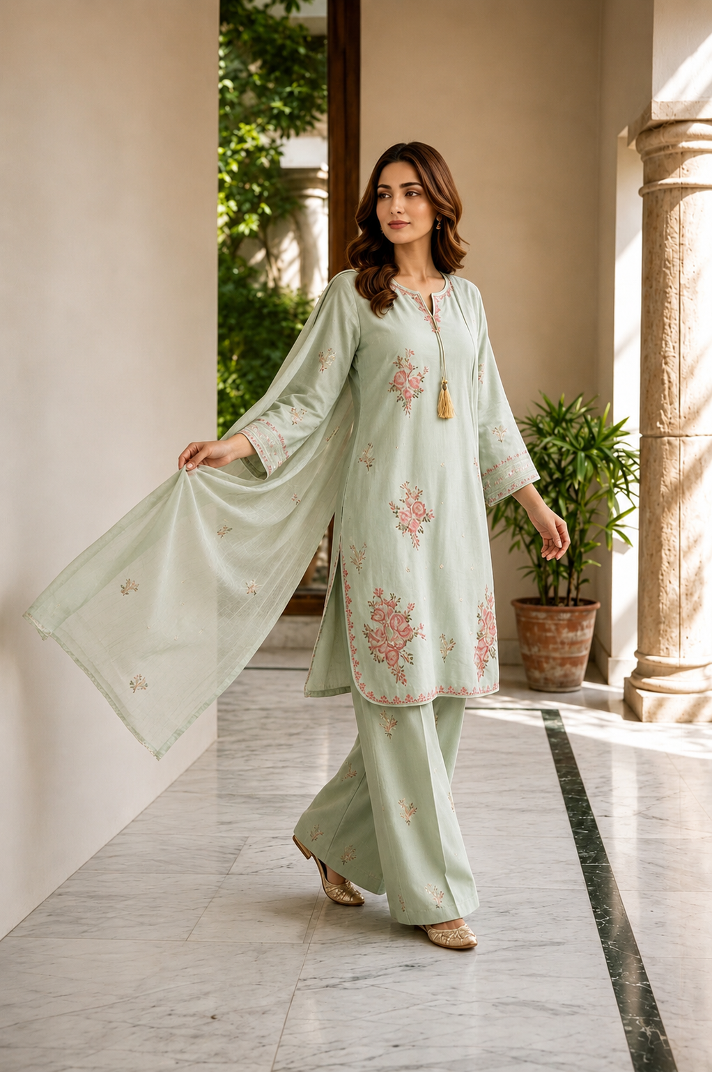 (356) Abeeha Elegant Light Green Viscose Suit – A beautifully designed rounded kameez featuring delicate gold thread floral embroidery, paired with stylish palazzo trousers and a soft bamber dupatta.