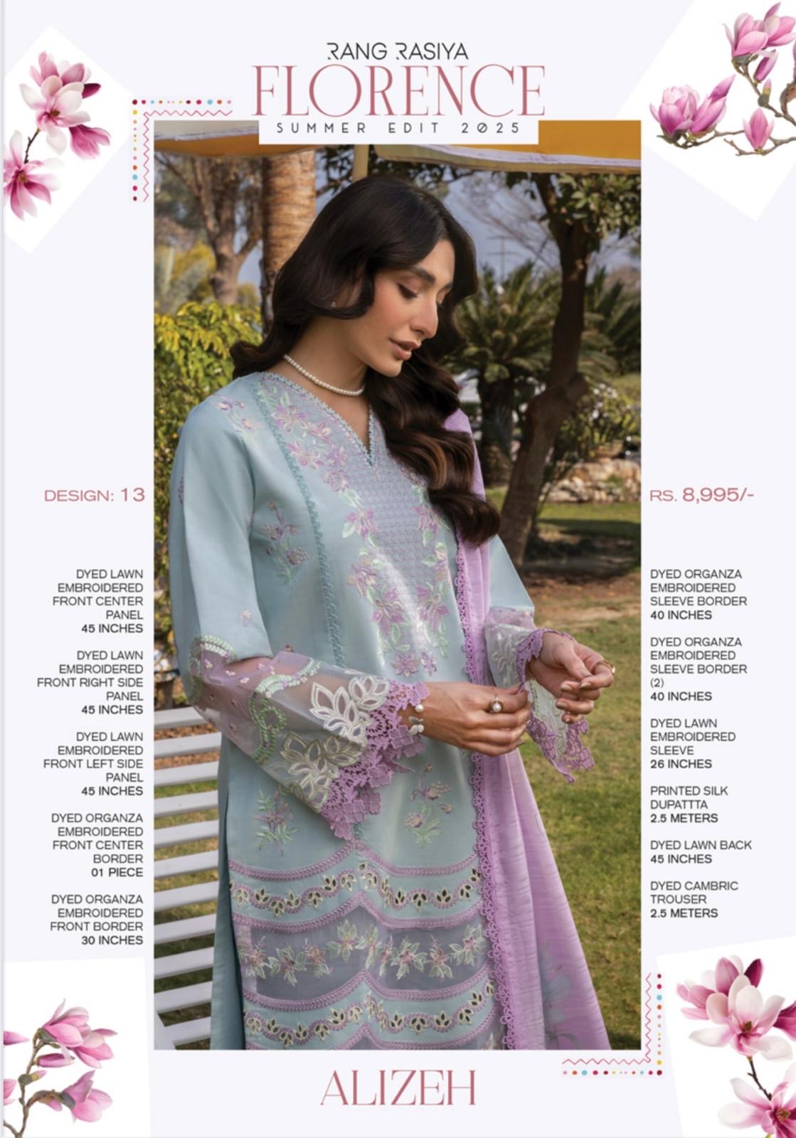 (127) Rang Rasiya Shireen Florence Summer Edit 2025 – Ready-to-Wear Lawn Suit with Printed Silk Dupatta