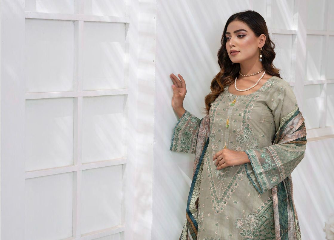 (14) Ladies' Pakistani Pastel 3-Piece Linen Suit with Printed Dupatta