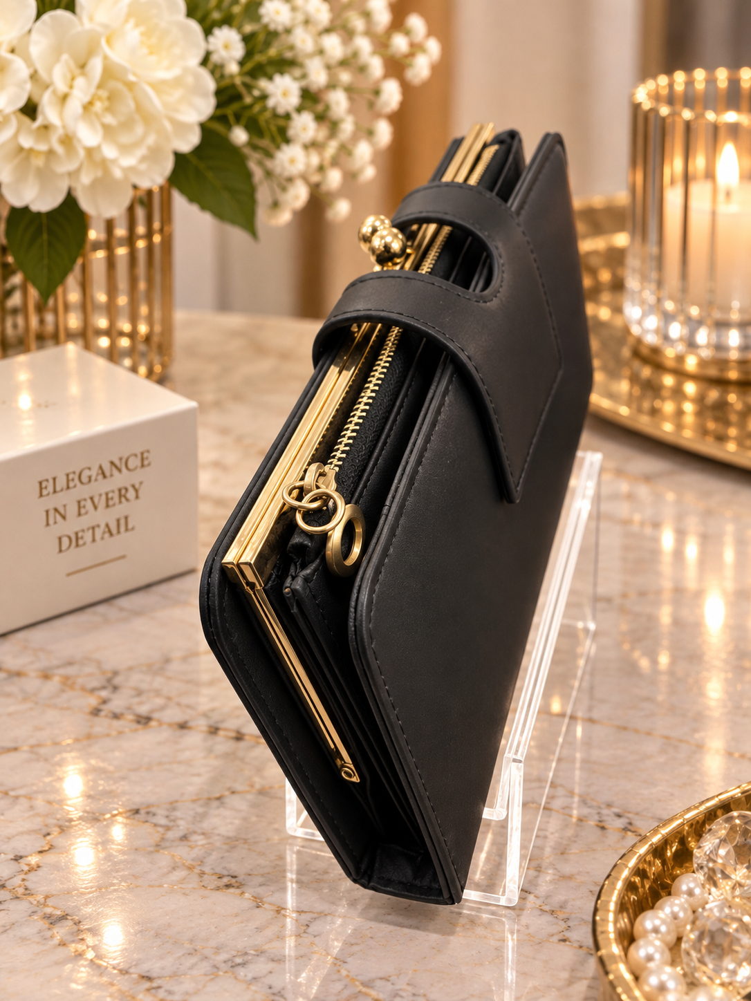 (356) Elegant faux leather black purse with chic gold detailing, multiple card slots, ID window and secure zip compartments. Stylish, spacious and perfect for everyday use