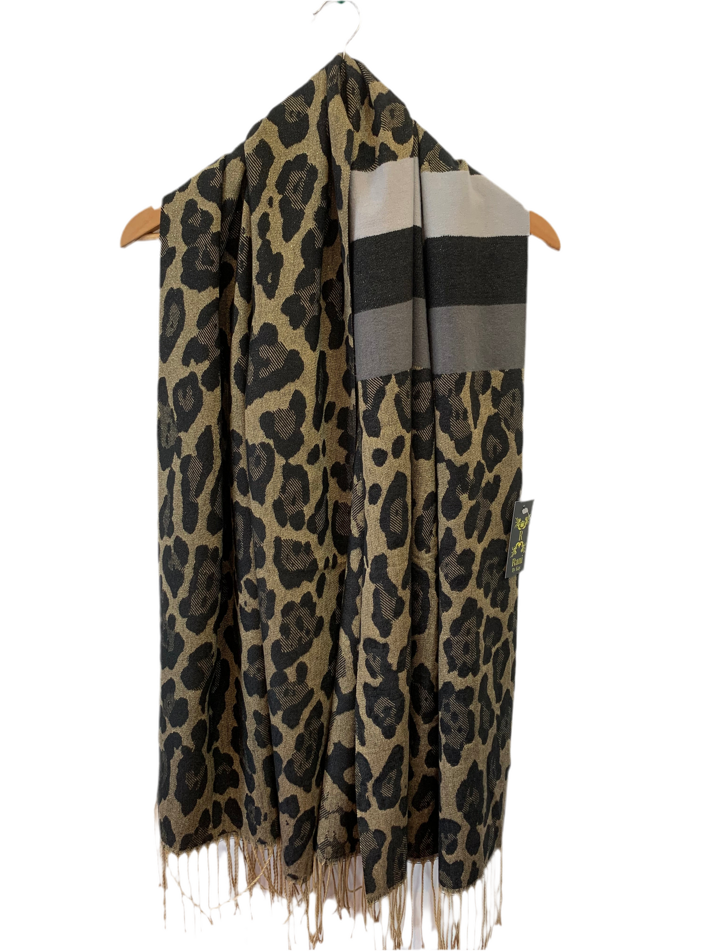 (12) Woolley leopard tassel shimmer printed winter thick scarf 27” wide length 73”
