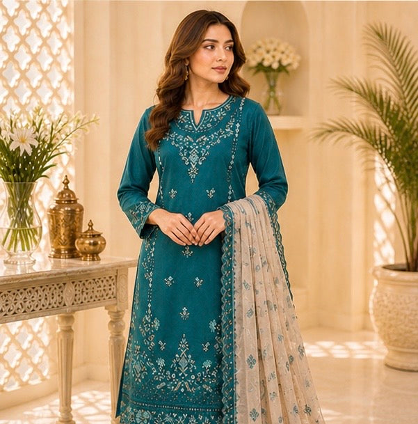 (165) Tawakkal Embroidered Sequin Silky Lawn Suit with Khaddi Dupatta