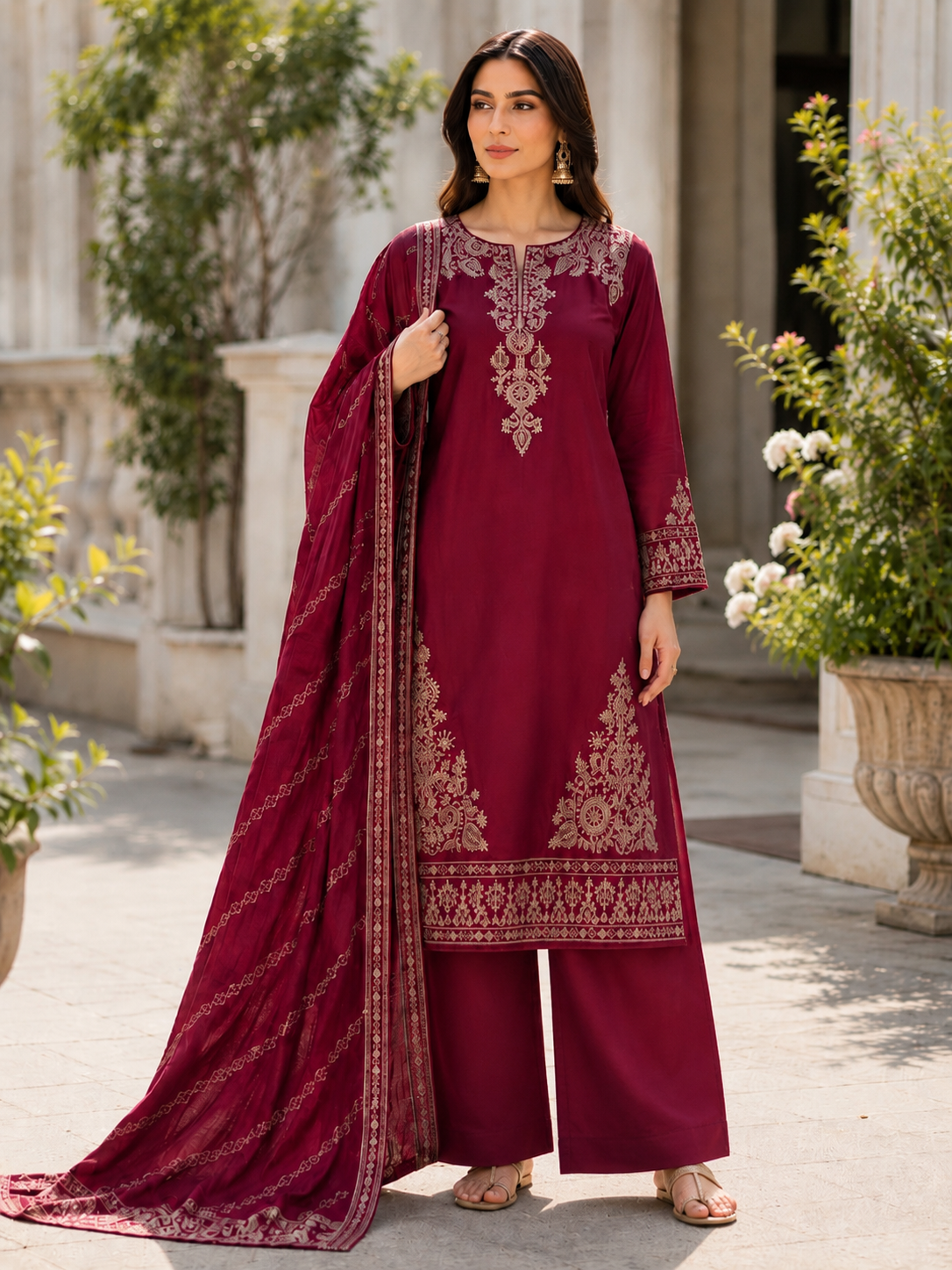 (6) Silky Viscose maroon Suit thread Embroidered fancy Dupatta ready to wear