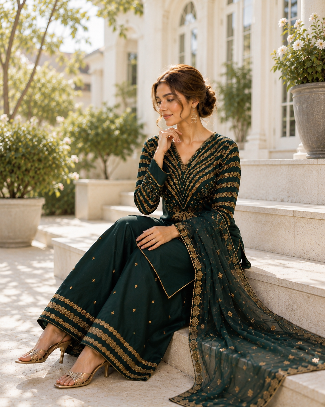 (290) Green Viscose Palazzo Suit | Gold Thread & Sequin Embroidery
