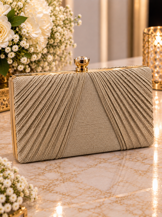 (33) Elegant champagne gold clutch bag featuring a stunning pleated shimmer design, sparkling finish and chic gold clasp