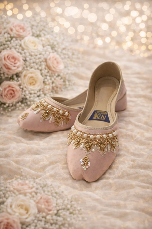 (S31) Handmade Satin Khusa – Gold Embroidered Punjabi Jutti with Soft Foam Comfort