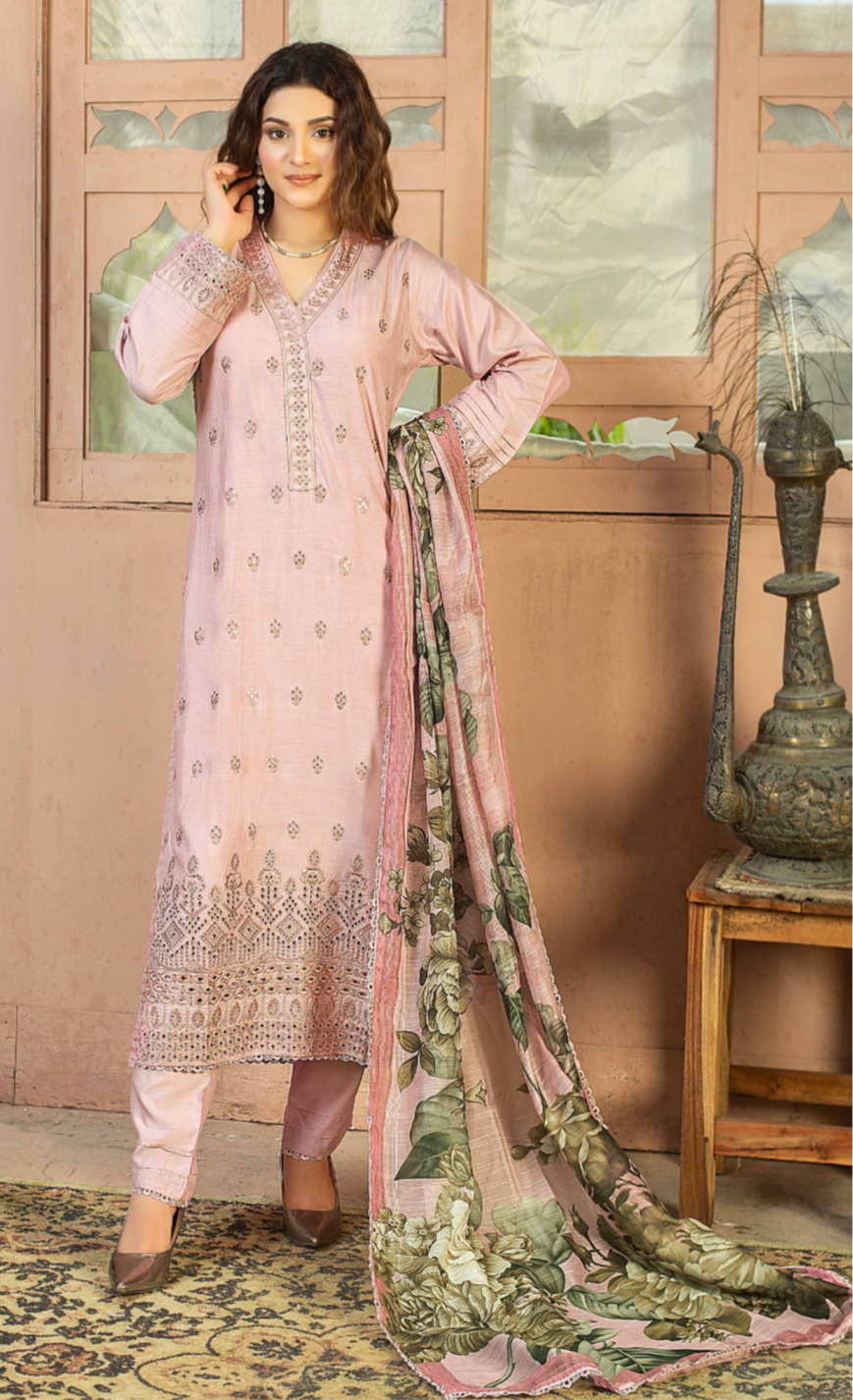 (355) Elegant Linen Sequin Embroidered Suit with Digital Munar Dupatta – Ready to Wear